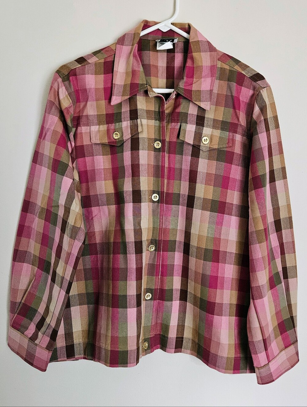 Like-New Nikki Pink & Green Plaid Button-Up Shacket: Women's Size 16